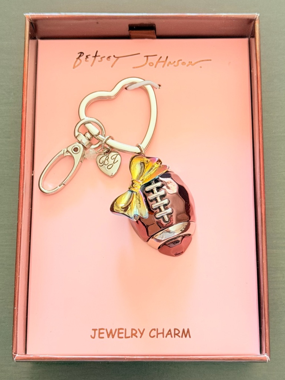 Betsey Johnson Brown Football Bow Bag Purse Charm Silver Tone Keychain
